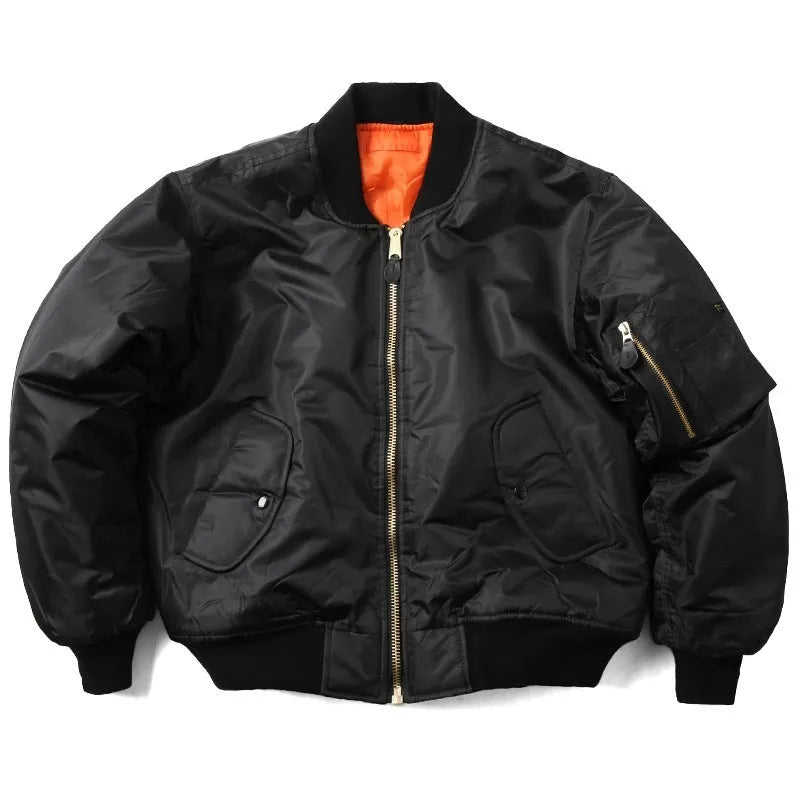 Men's army green loose fit cotton-padded bomber jacket with front zip and ribbed cuffs.