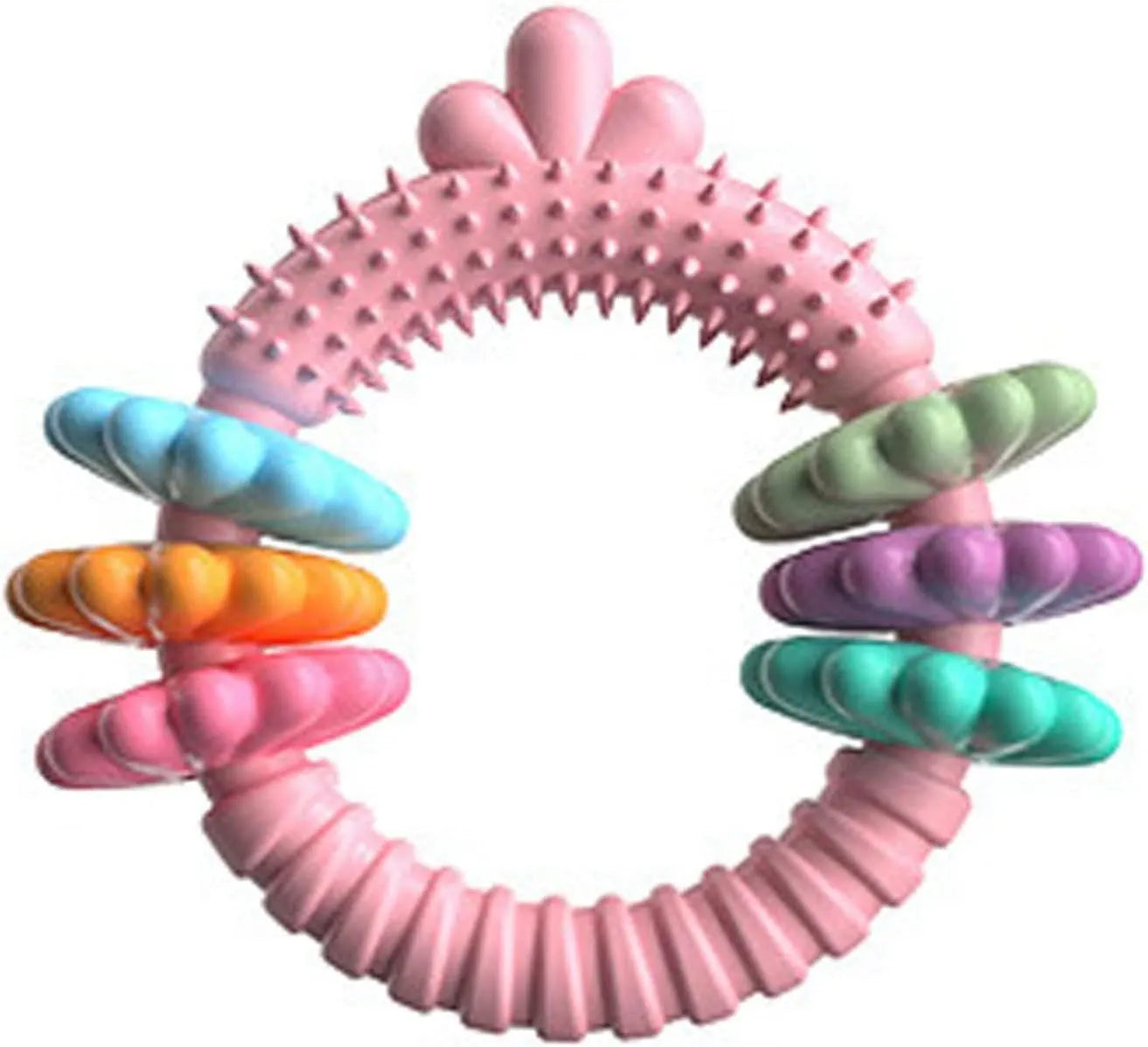 Blue green pink TPR rubber molar stick dog chew toy for small dogs on a white background