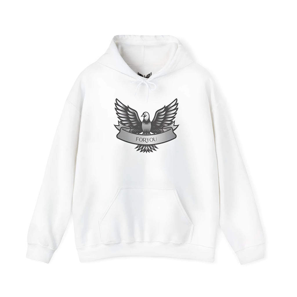 A white cotton blend pullover hoodie with long sleeves on a plain background.