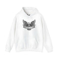A white cotton blend pullover hoodie with long sleeves on a plain background.