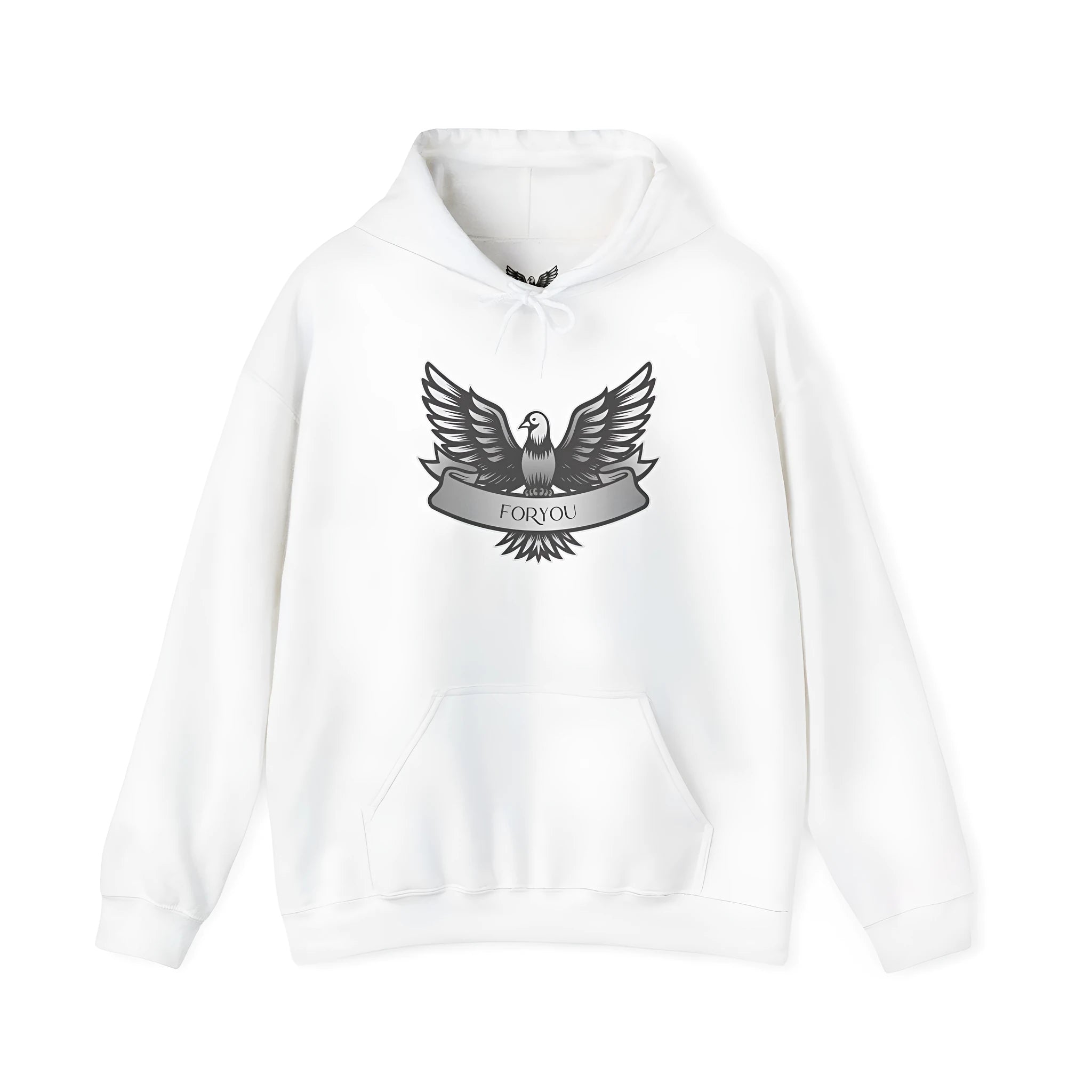 A white cotton blend pullover hoodie with long sleeves on a plain background.