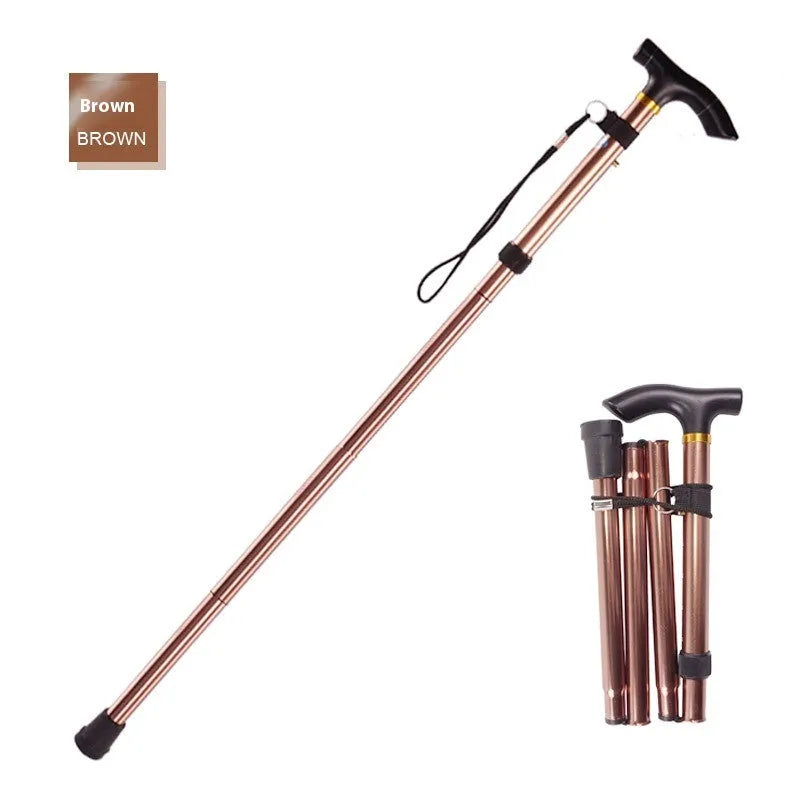 Aluminium alloy folding walking cane shown extended and collapsed, with non-slip handle.