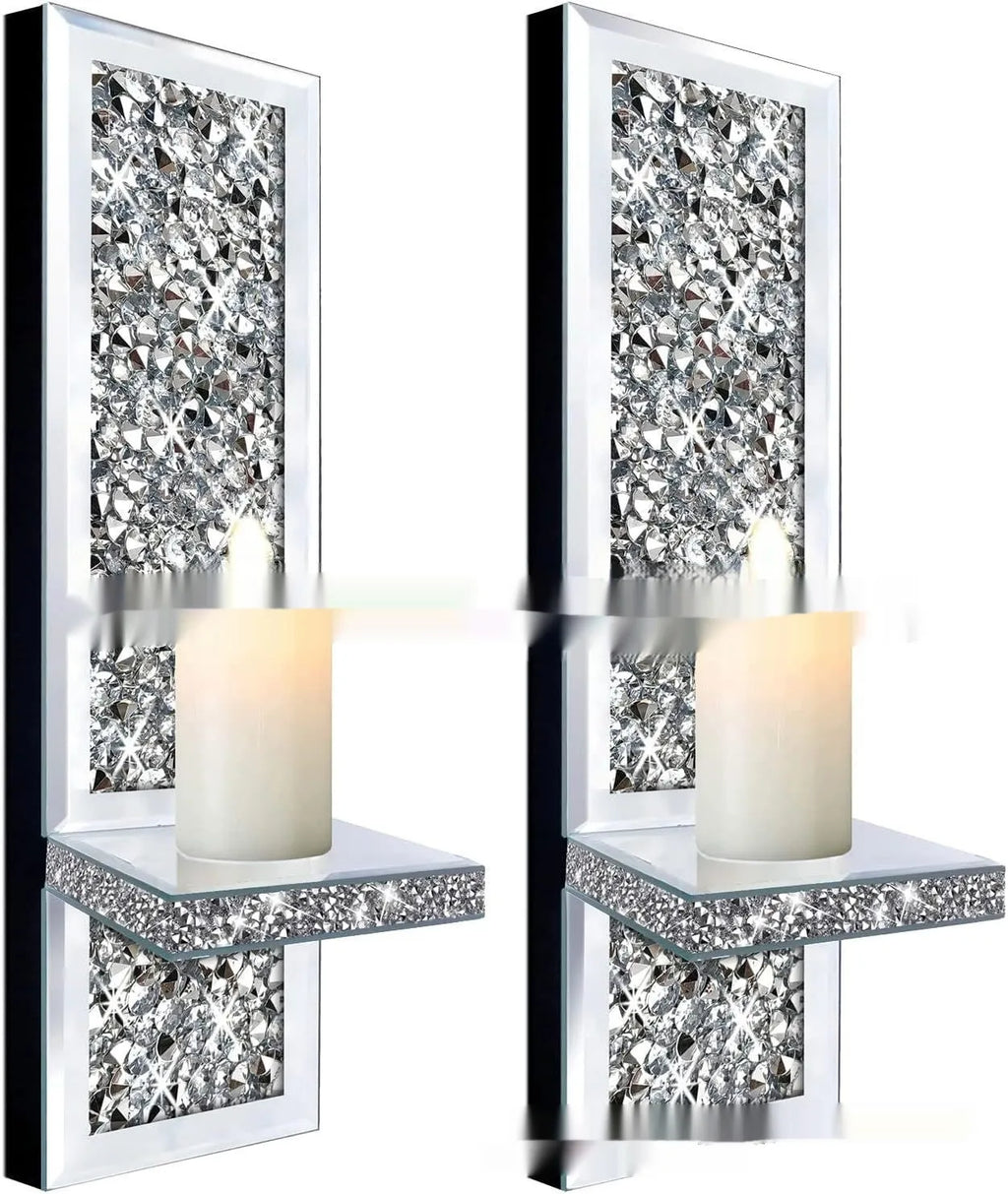 Pair of silver mirror glass wall candle holders with crystal candlesticks, modern design.