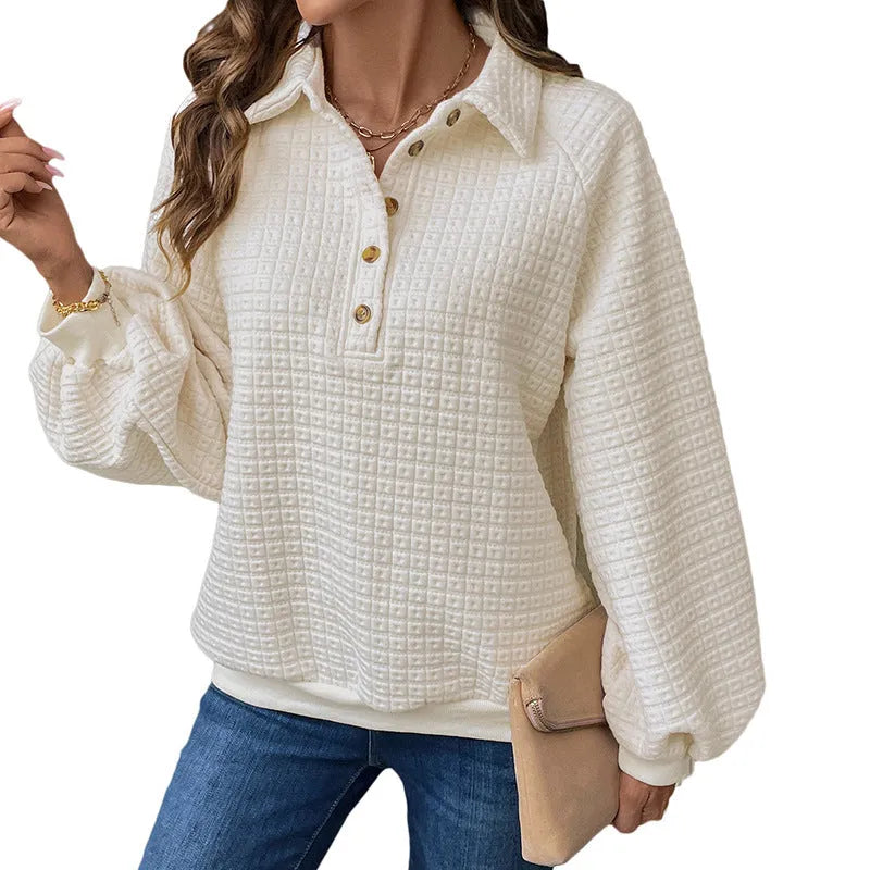 Women's milky white polo collar pullover sweater with long sleeves and a thickened knit texture.