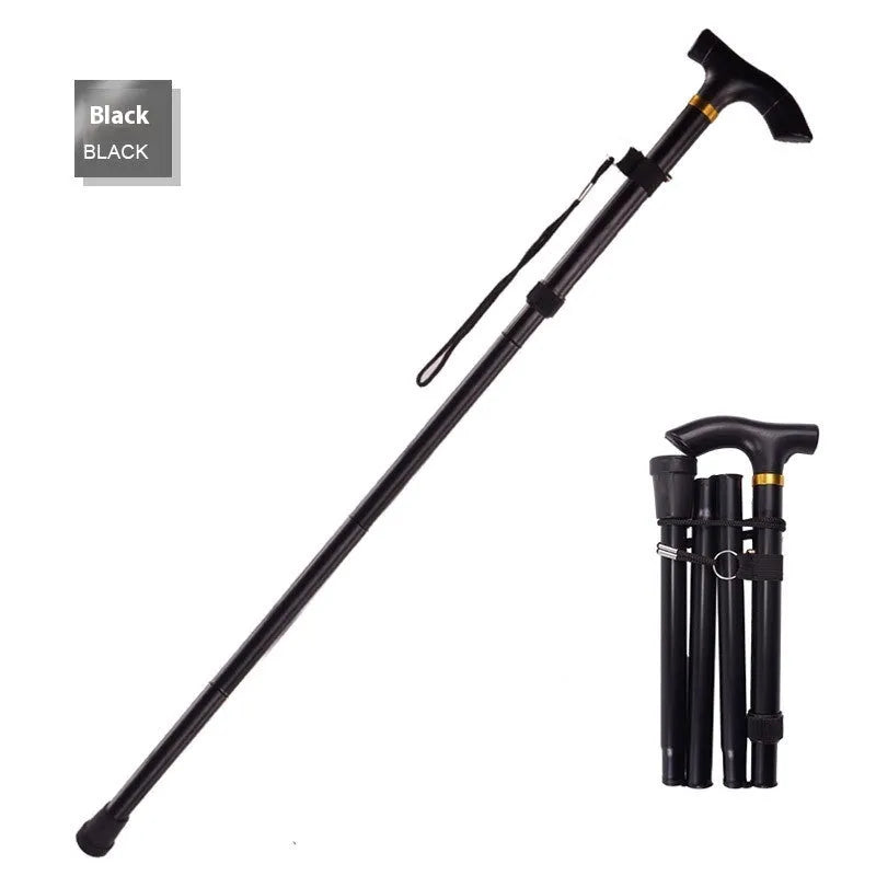 Aluminium alloy folding walking cane shown extended and collapsed, with non-slip handle.