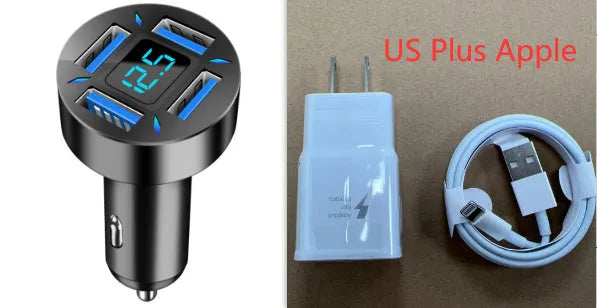 Four-port USB car charger with digital display for vehicle use