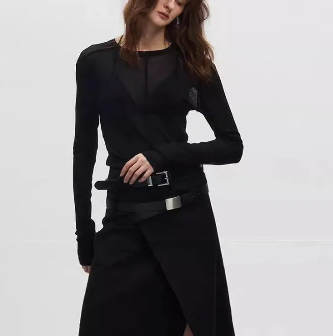 Black mesh see-through slim-fit long sleeve women's pullover top on a hanger.