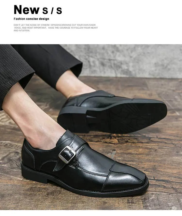 Men's tall crown leather shoes with retro buckle in brown blue and black colours