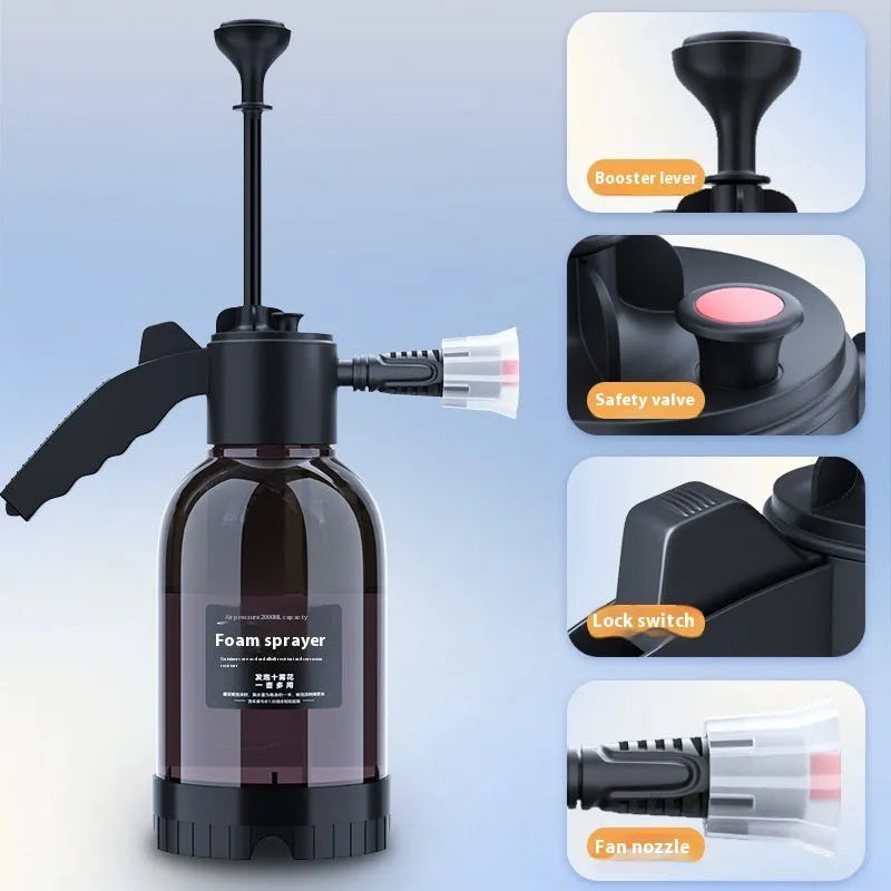 Black hand-held sprayer bottle with ergonomic handle and two nozzles for garden watering and car washing
