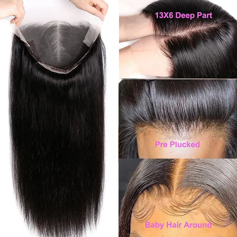 Straight black human hair lace front wig on a model, showcasing a natural hairline and long length.
