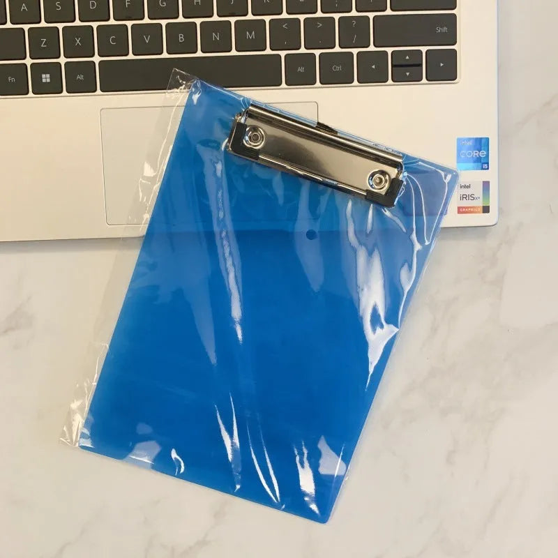 Transparent A4 plate holder with metal clip showing document visibility and colour options
