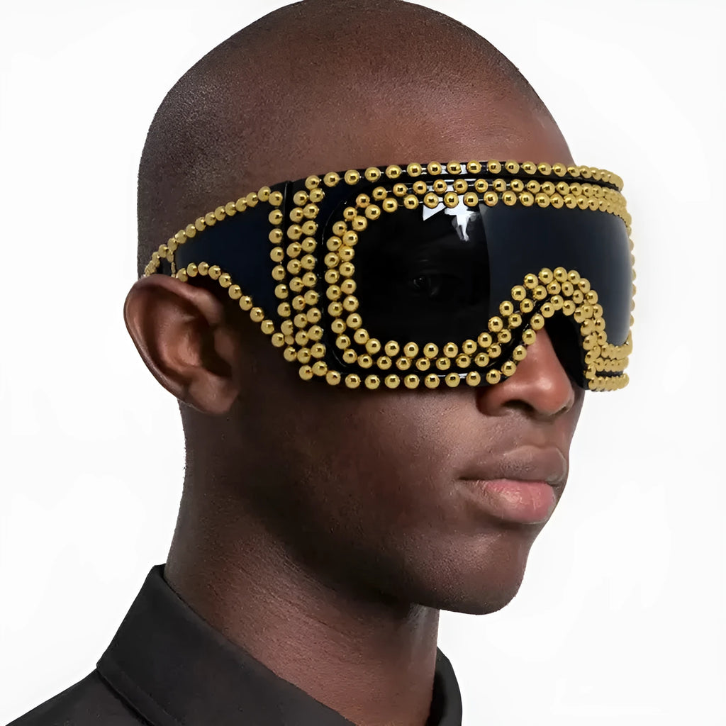 Men's punk sunglasses with large square frame and rivet details in silver colour