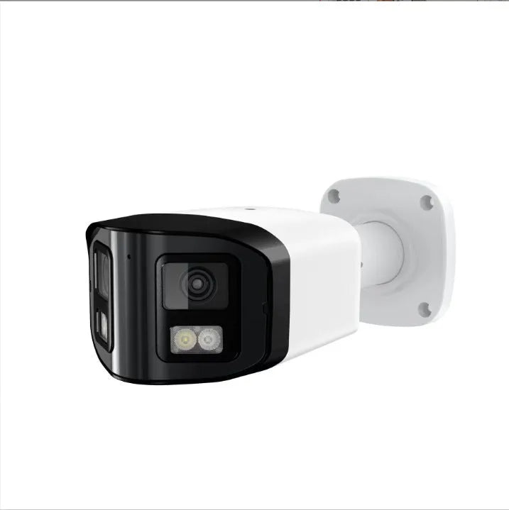 4MP dual-lens panoramic CCTV security camera with IP66 rating for outdoor use.