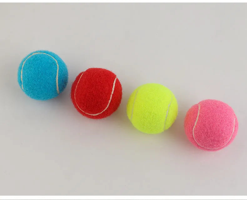 Bright coloured, bite-resistant rubber tennis ball for dogs, 6.3 cm in diameter.