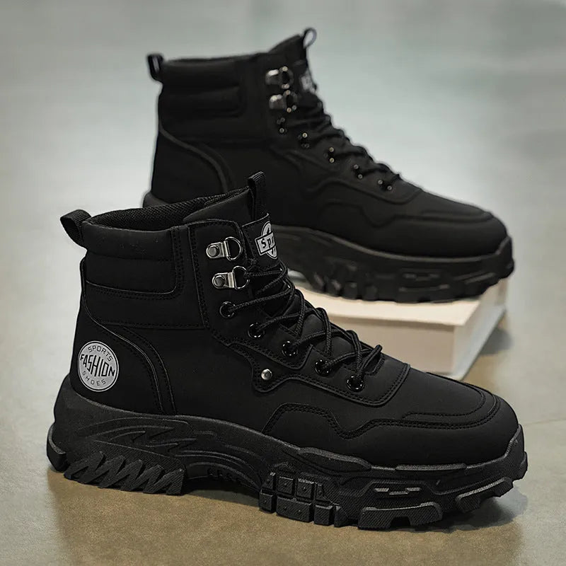 Men's black Martin work boots with mid heel and artificial PU upper material