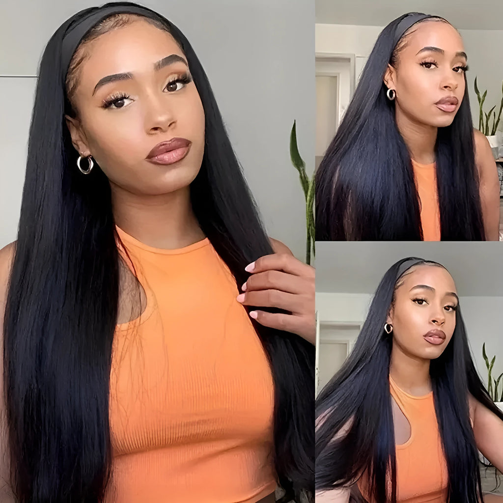 Headband wig with long high temperature fibre hair in headscarf style, shown in black straight, black curly and wine red colour options