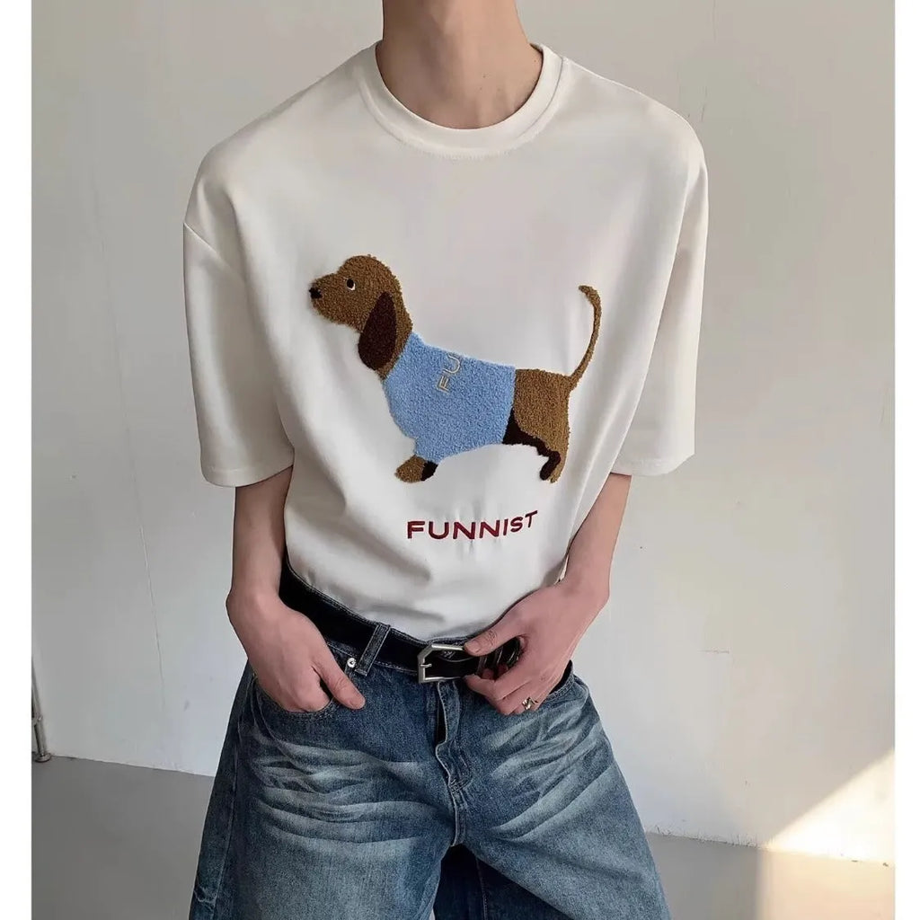 Grey men's t-shirt with embroidered sausage dog in a towel design on the front.