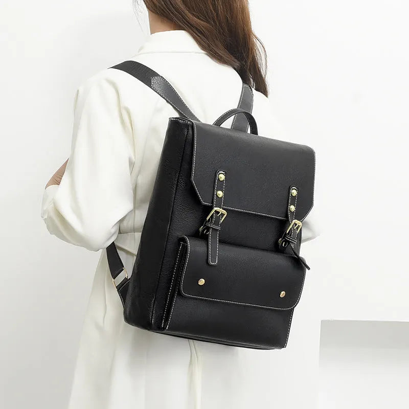 Korean style simple retro backpack in soft PU material shown in black, brown, creamy white, and dark brown colours.