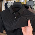 Men's black thin ice silk T-shirt with a rhombus pattern and slit detail on the front.