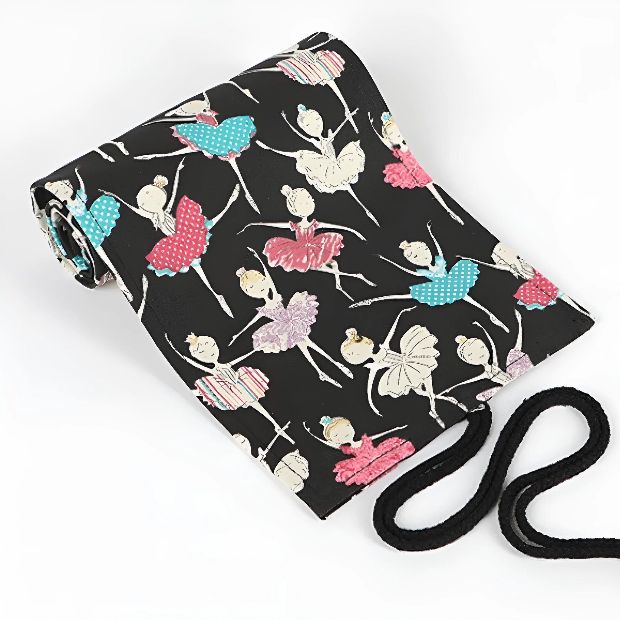 Square canvas pencil case with ballet girl print, showing multiple holes for storing sketching pencils and colour leads.