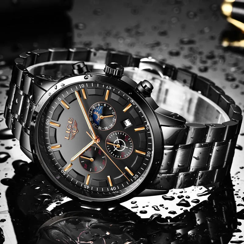 Men's black and rose red gold waterproof sports watch with quartz movement on wrist.