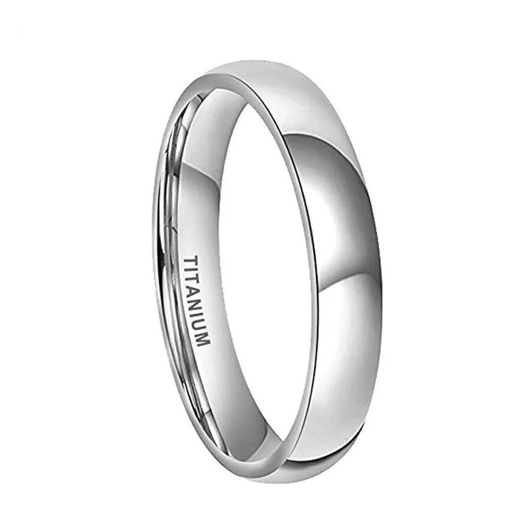 Polished silver titanium steel ring on a finger, showing a minimalist band design.