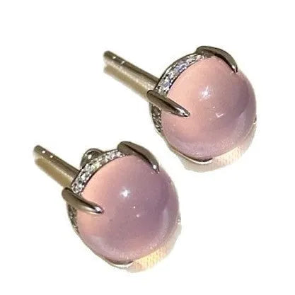 Chinese retro style chalcedony stud earrings with geometric round egg surface and four-claw stone setting
