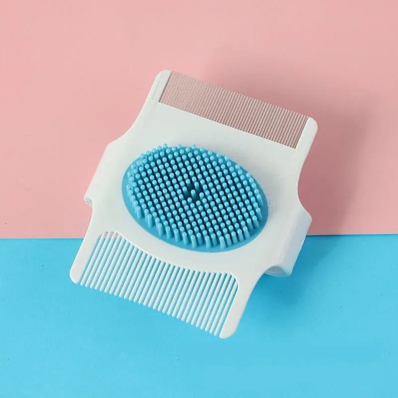 Blue or green multifunctional pet grooming comb with floating hair removal system measuring 8.5cm long