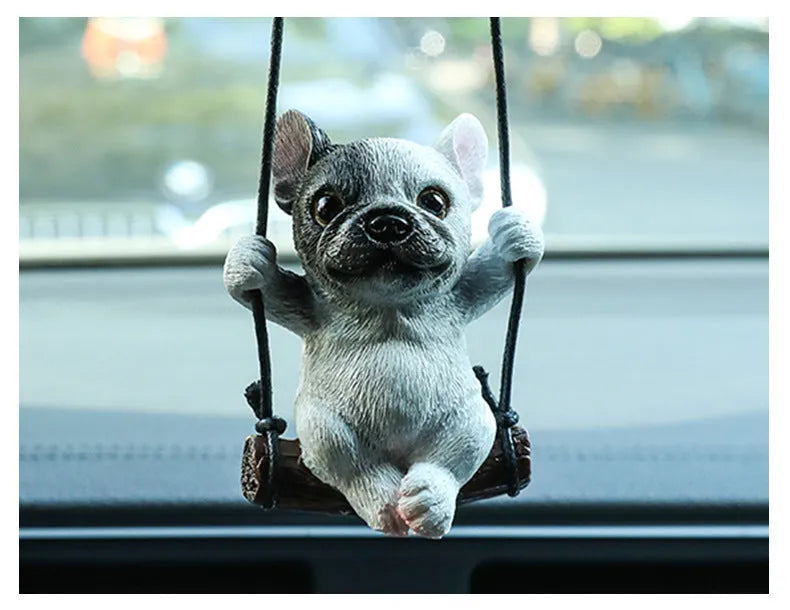 Resin bulldog car pendant hanging ornament in cartoon style for rearview mirror.