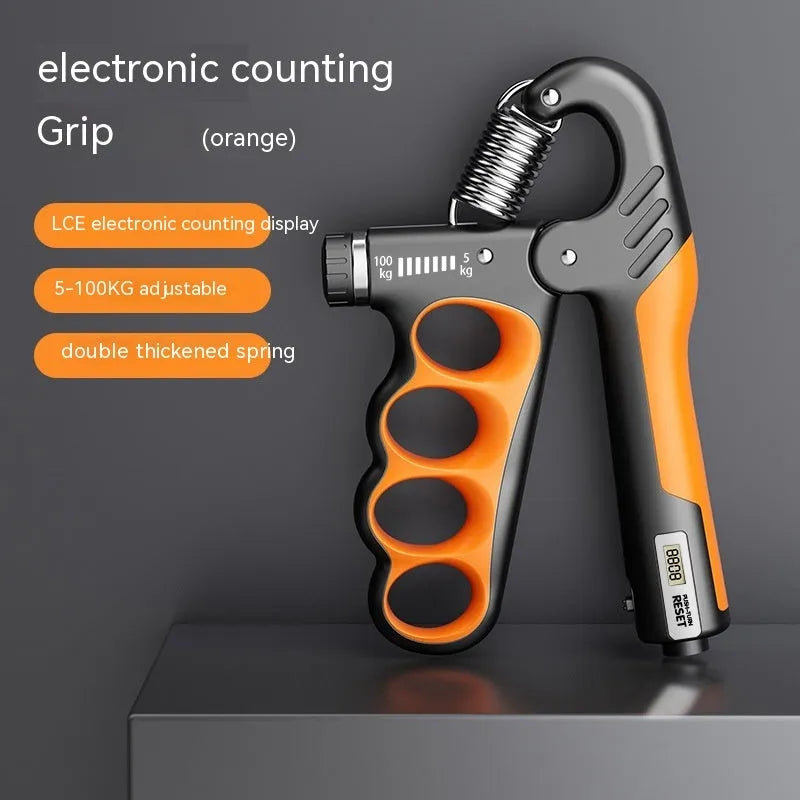 Adjustable spring grip hand exerciser with electronic counter display in orange colour