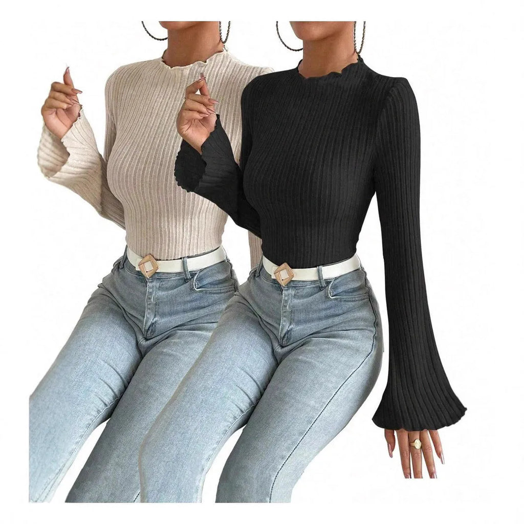 Black long sleeve round neck top with lantern sleeves and slim fit silhouette
