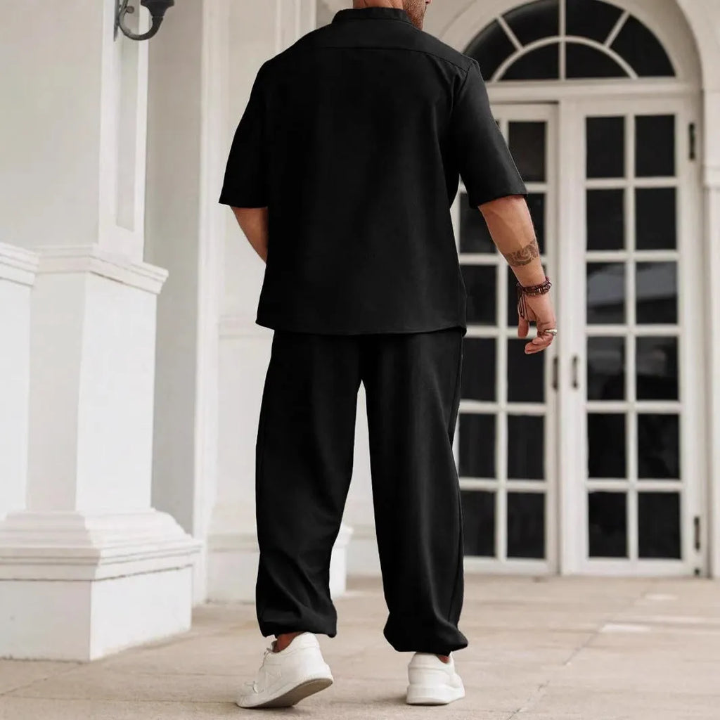 Men's casual cotton linen trouser set with short-sleeved shirt in black, grey, and apricot colours