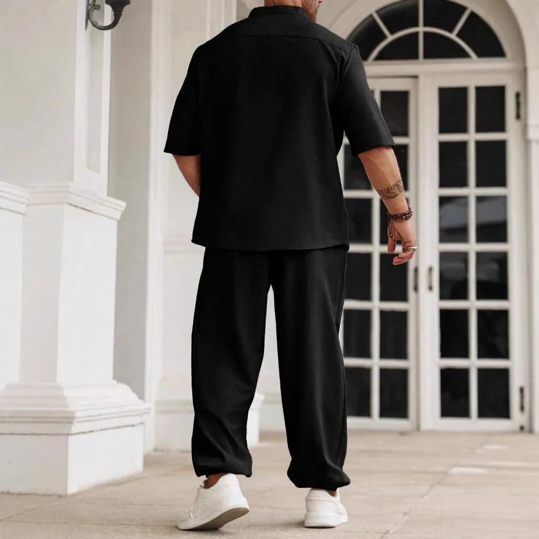 Men's casual cotton linen trouser set with short-sleeved shirt in black, grey, and apricot colours
