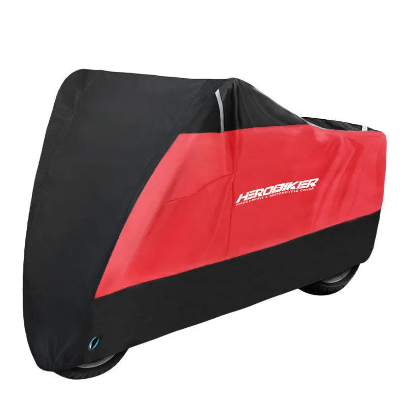 Black motorcycle cover on bike showing polyester material and full coverage protection