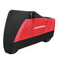Black motorcycle cover on bike showing polyester material and full coverage protection