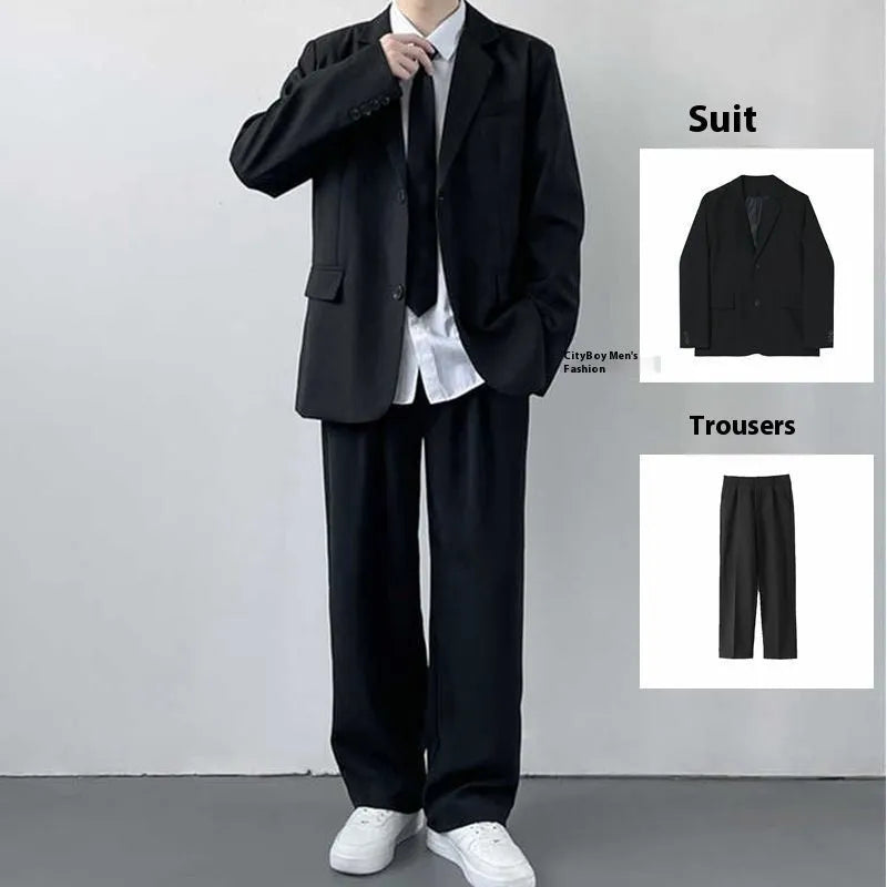Plus size men's college style suit set with trousers, white shirt, and tie included
