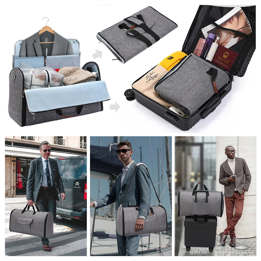 Folding duffel bag in Oxford cloth showing dark blue, grey, and black colour options
