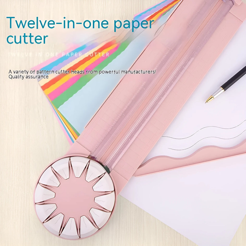 Pink 12-in-1 dotted line paper cutting machine on desktop for card making and scrapbooking