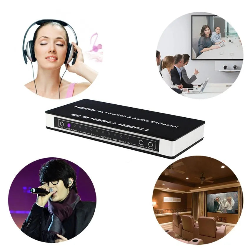 Black HDMI switch box with four input ports, one output port, remote control, and UK power adapter.