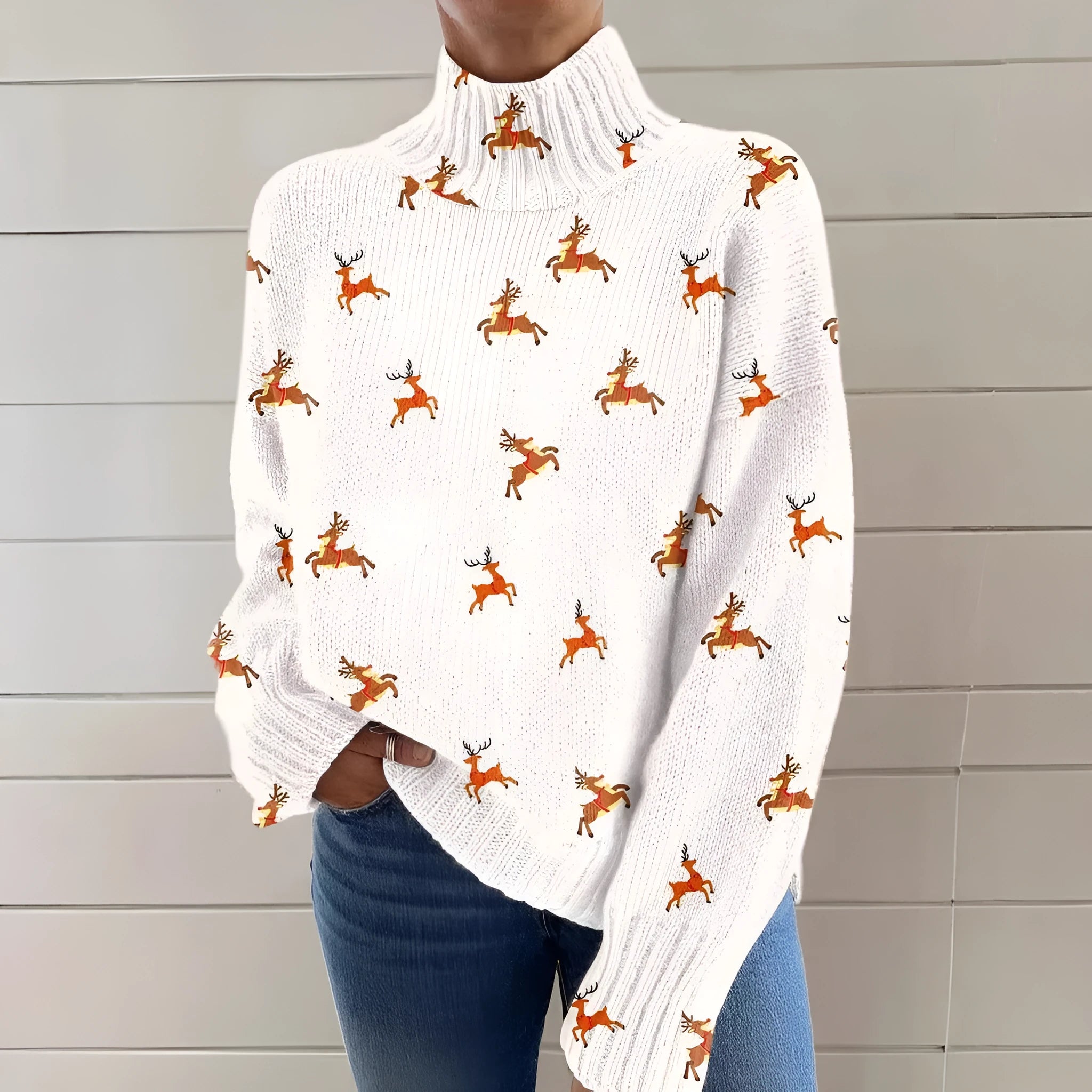 Women's loose fit red Christmas print turtleneck sweater with long sleeves.
