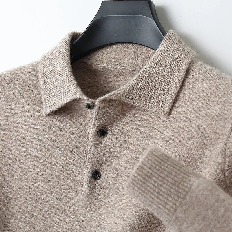 Men's grey polo collar wool blend pullover sweater on a hanger