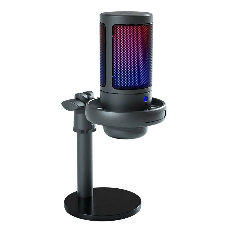 Condenser microphone with RGB lighting in black, white, or pink colours for computer recording and streaming