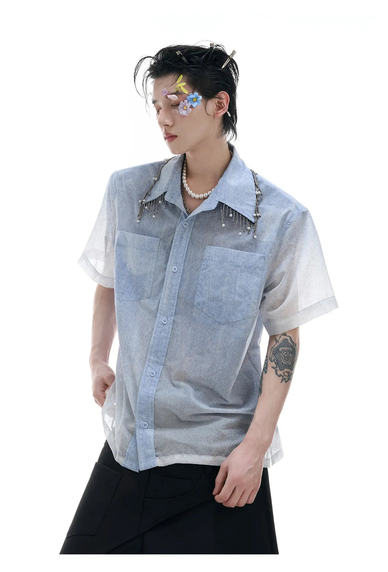 Men's blue and white gradient loose fit short sleeve shirt with quilted pattern