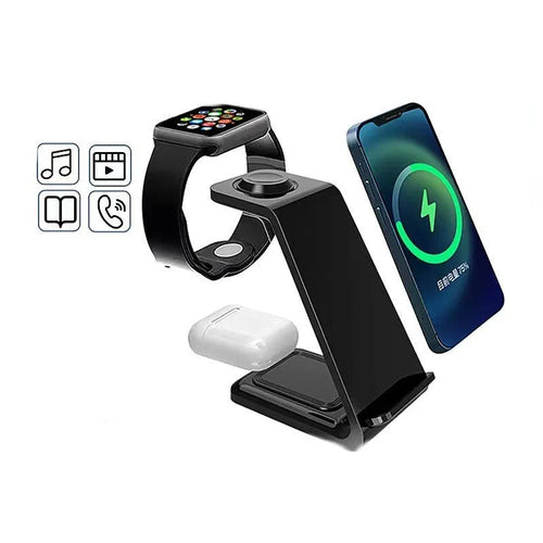Black and white upright wireless phone charger with dual coil technology and integrated TYPE-C cable