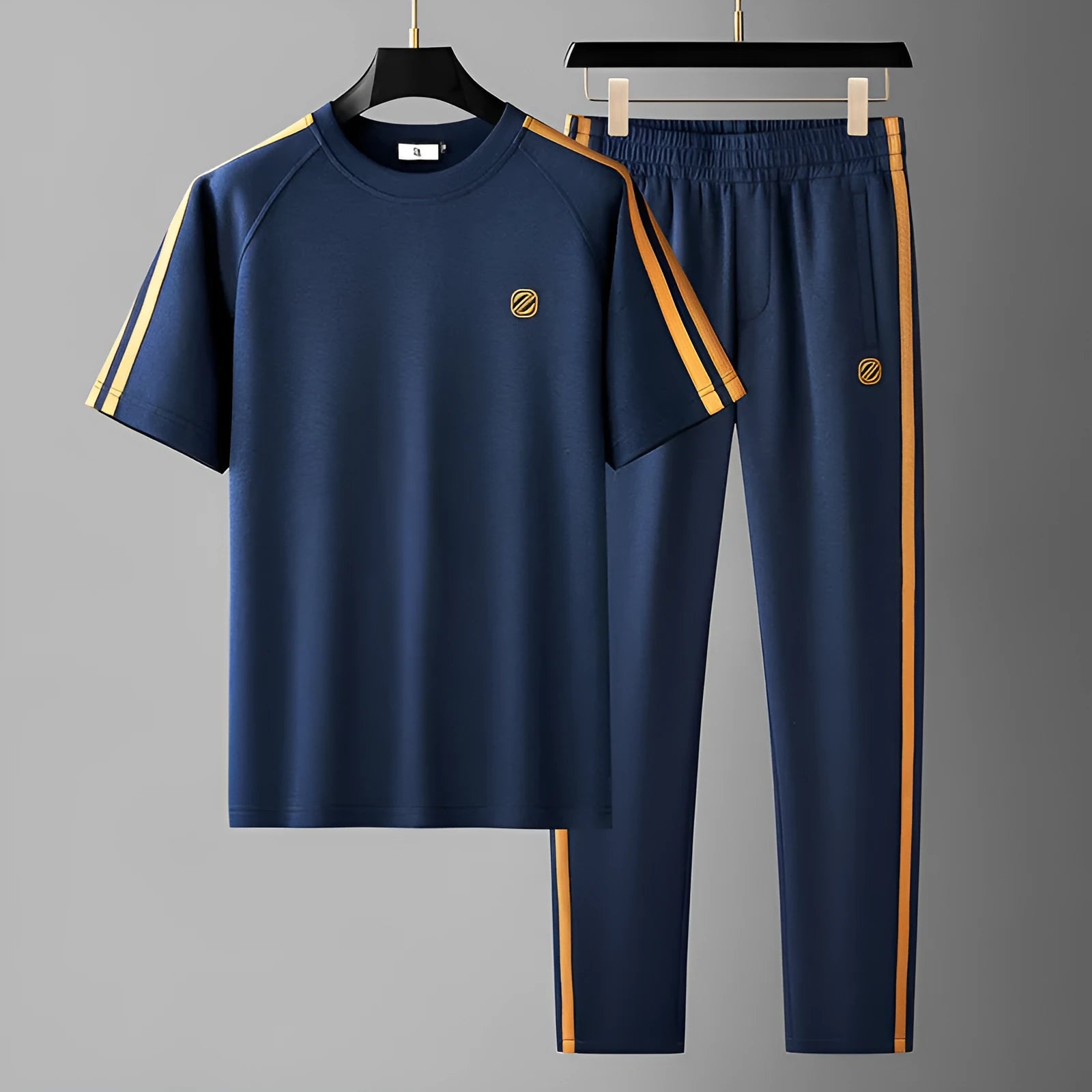 Men's blue ice silk style polyester sportswear set with short sleeve top and matching trousers