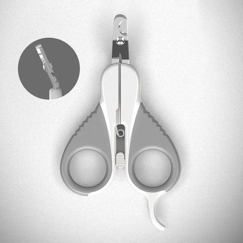 Grey and pink cat nail clippers with angled blade and safety guard for pet grooming