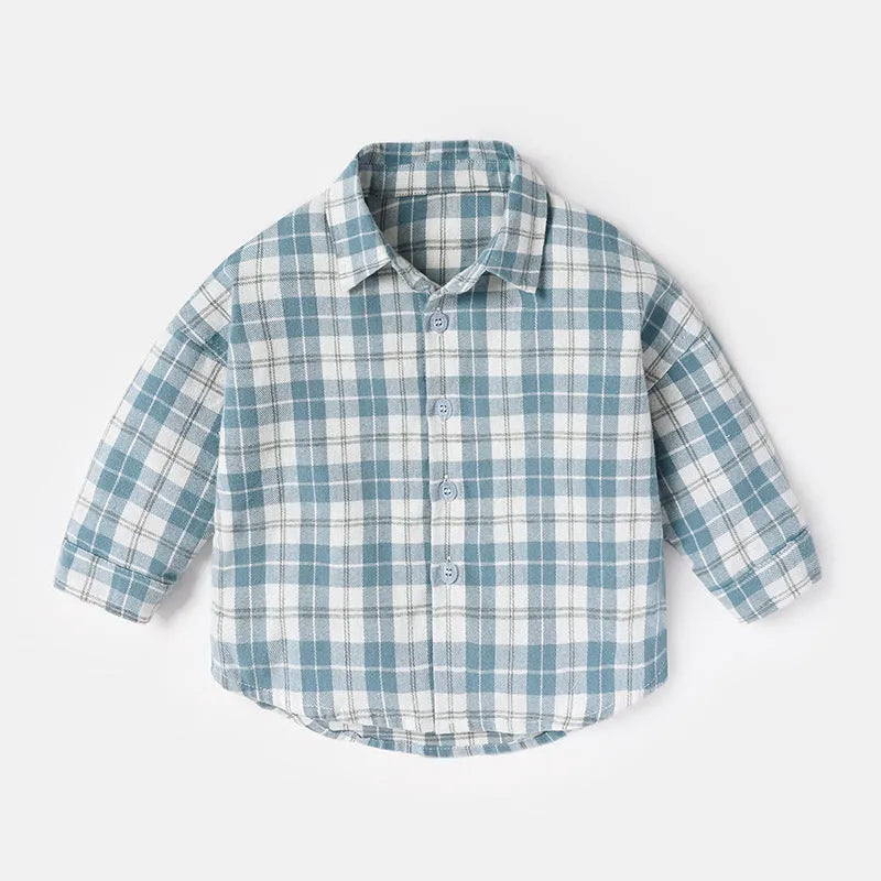 Boys' cotton shirt with lattice check pattern in khaki, available in sizes from 73cm to 110cm height