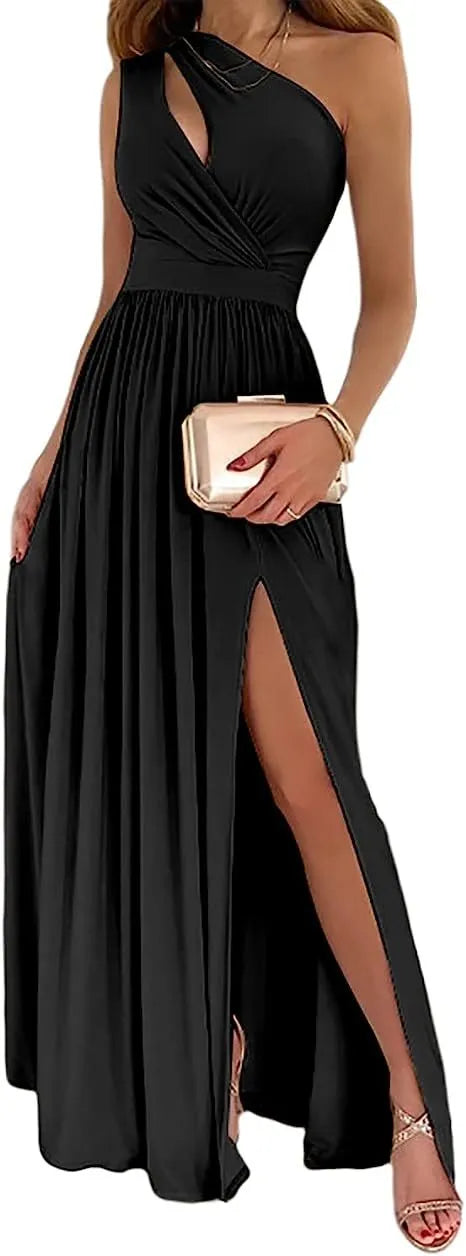 Women's one shoulder sleeveless maxi dress with cutout and high side split in soft fabric.