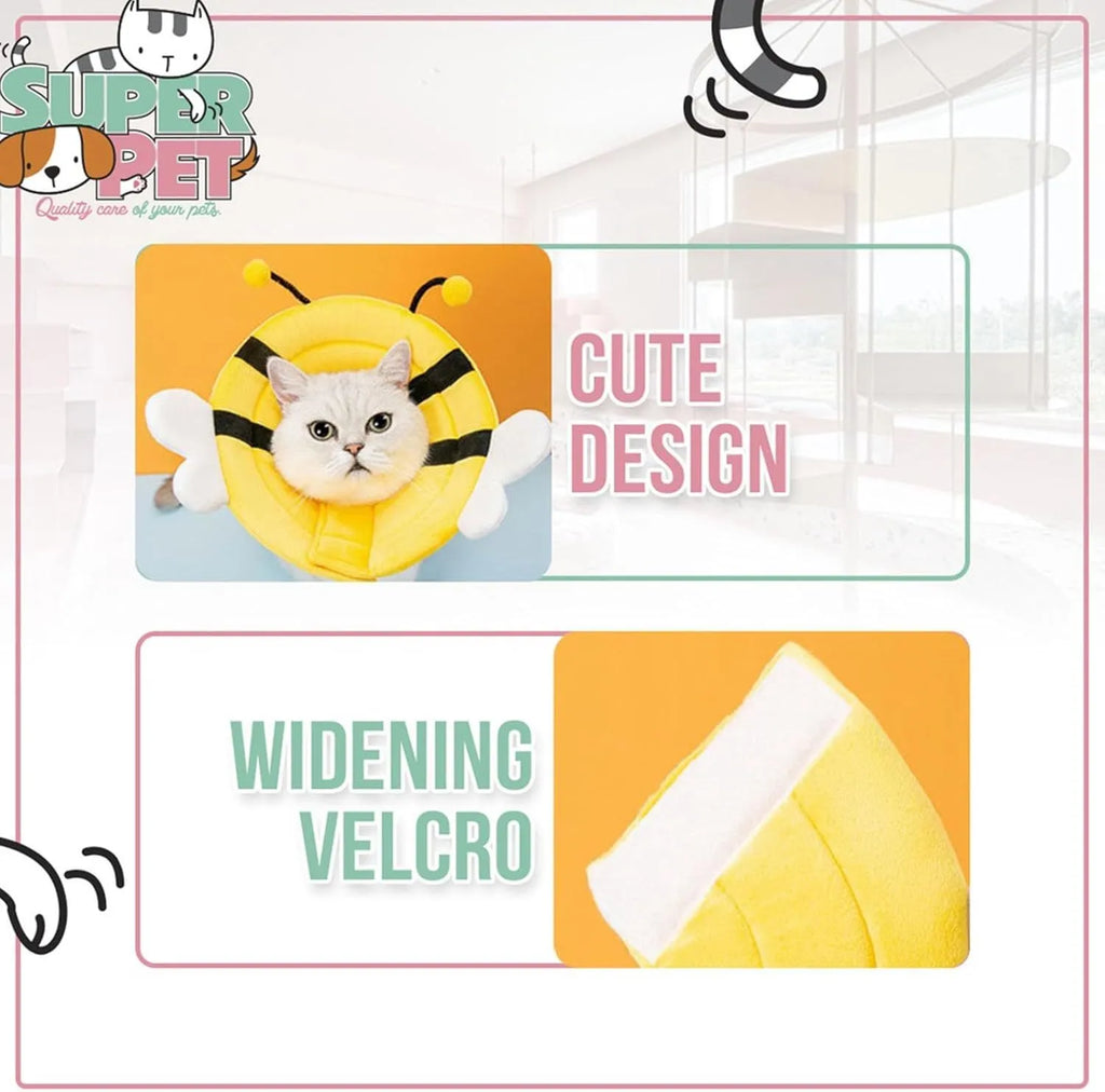 Soft cat cone collar with bee design showing adjustable velcro closure in pet recovery setting