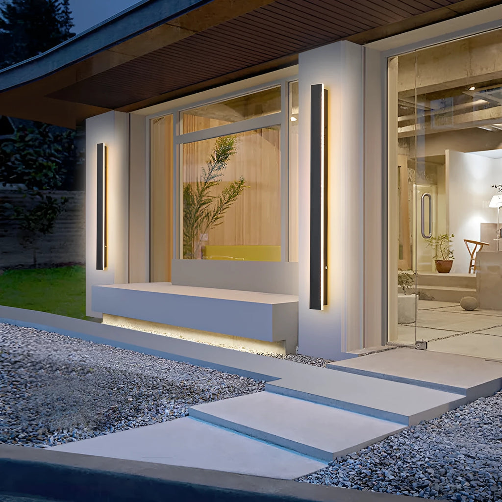 150cm long straight outdoor LED wall lamp with wrought iron housing, shown mounted on an exterior wall.